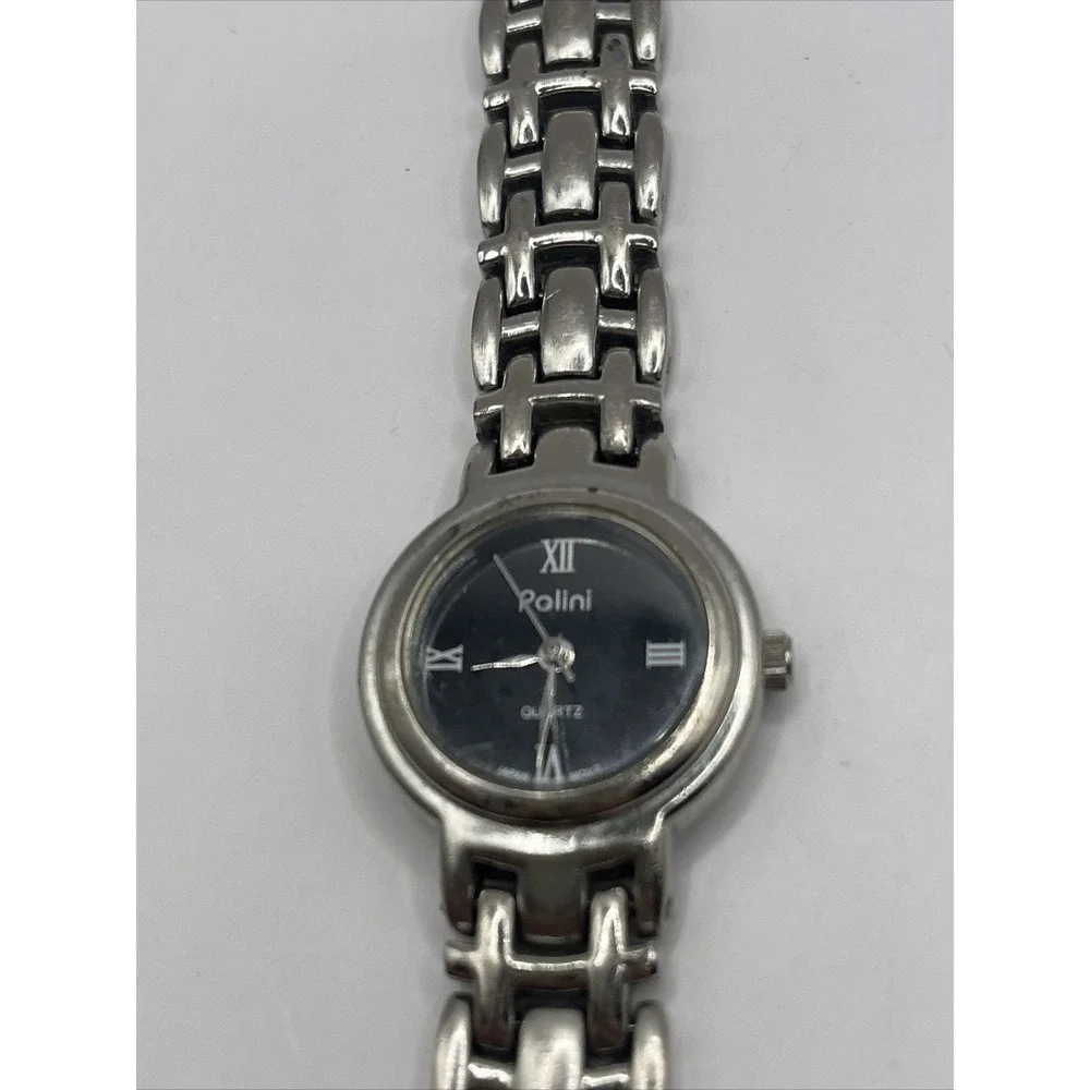 Polini‎ Women's Quartz Watch Silver Tone Band Black Dial- New Battery